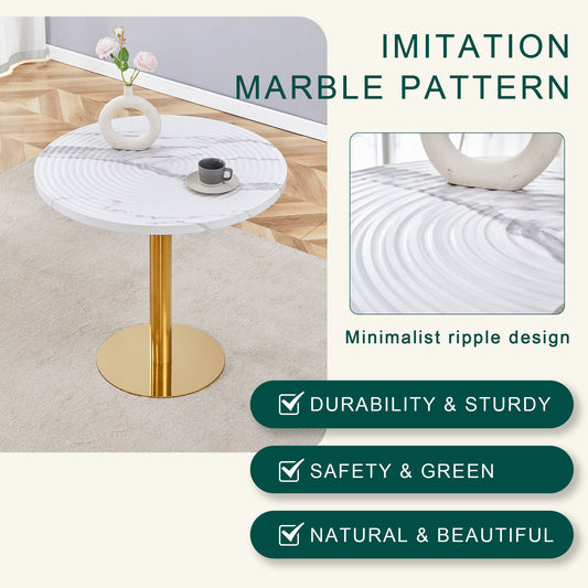 31.5 Inch Elegant White Marble Pattern Round Dining Table - Suction Molding Annular Texture, Durable And Water-Resistant.Suction Molding Process,Exquisite White Marble Pattern,Gold Metal Stand.