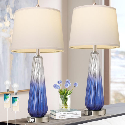 Table Lamps Set Of 2 With Touch Control, 3-Way Dimmable Modern Glass Bedside Lamps With USB A C Ports, Nightstand Lamp With White Fabric Shade, 27.5  Large Lamps For Living Room Bedrooms Decorations