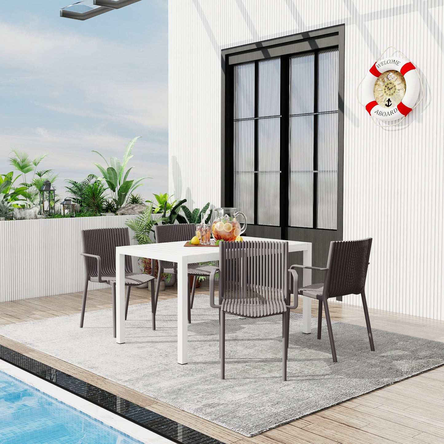Holiday - 4pcs Warm Grey Stackable PP Armchair For Indoor Outdoor Use  Ergonomic Slatted Back With 55 Inch White Modern Long Table - Indoor Outdoor- Lightweight PP Tabletop With Metal