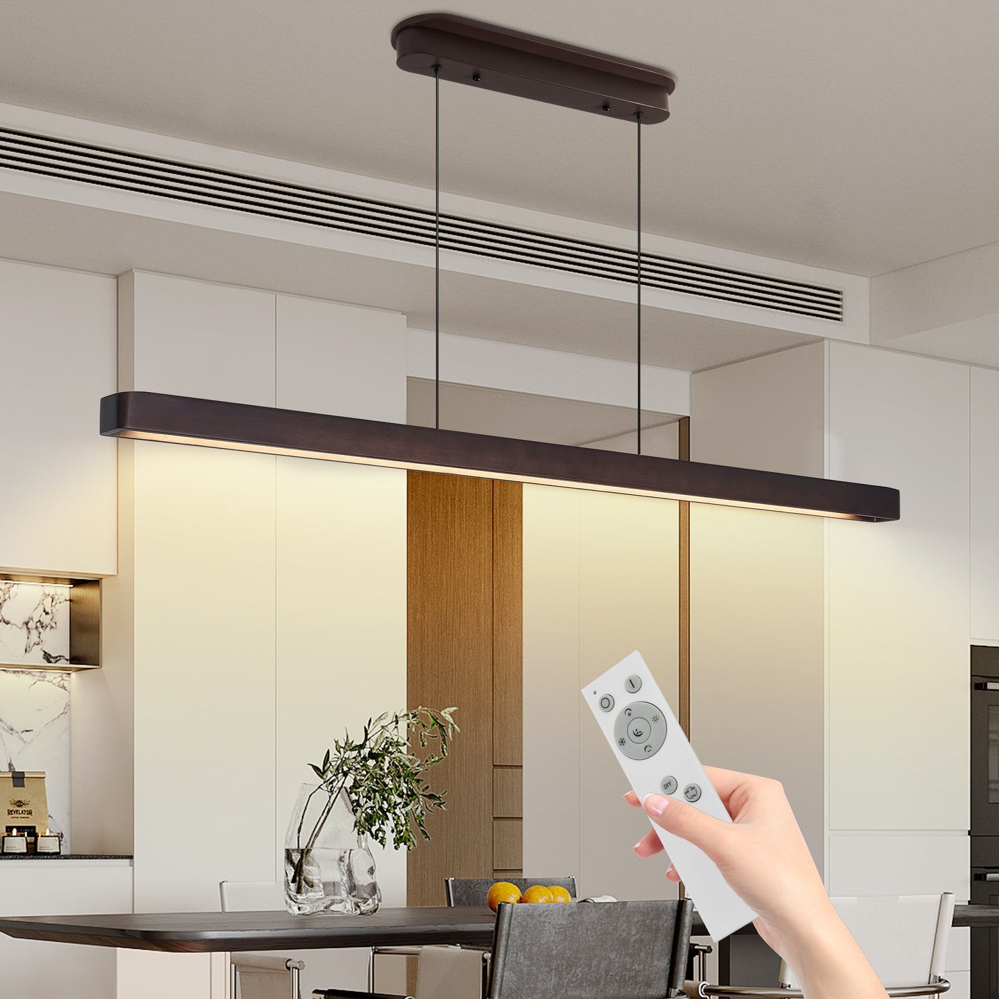 51-inch Walnut Wood Modern LED Pendant Light, Adjustable Hanging Light For Dining Room, Kitchen, Living Room  Sleek Walnut Color Finish