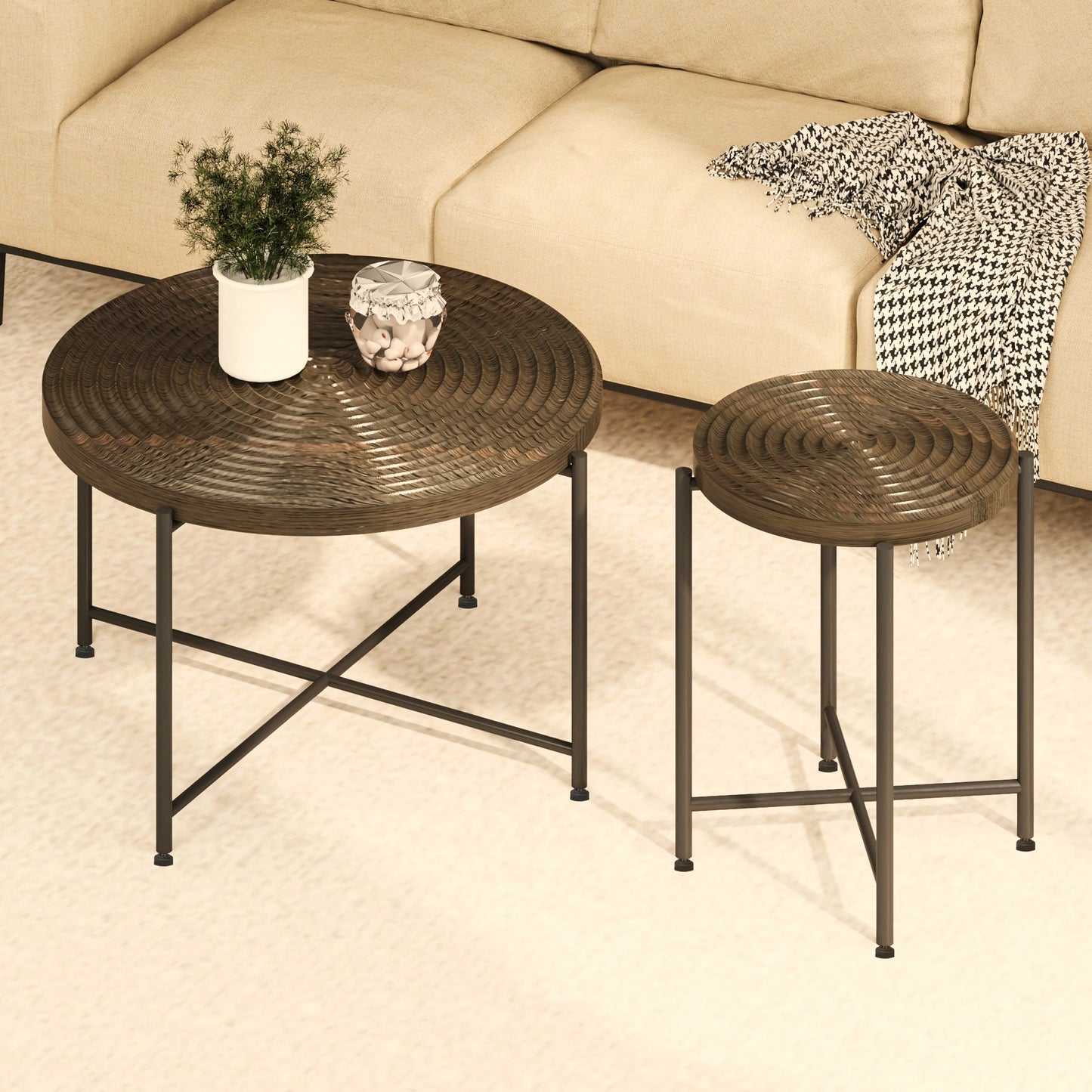 2-Piece Coffee And End Table Set -Waterproof MDF With PVC Cover, Distressed Cylindrical Design, Black Metal Legs -Classic Rustic Charm, Dark Walnut