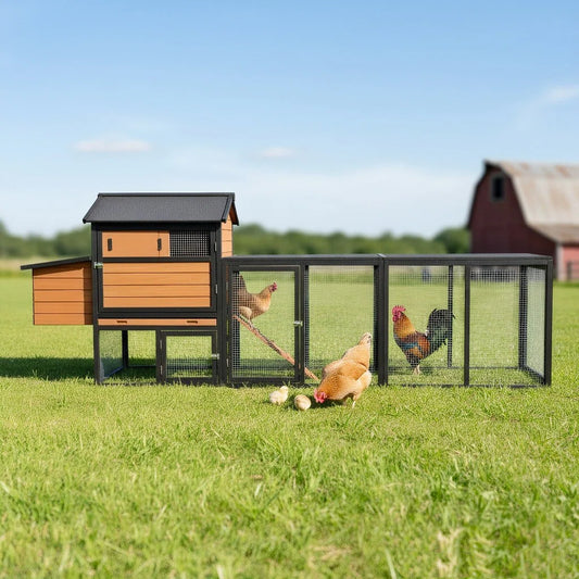 Brown Black Wooden Chicken Coop, Large Outdoor Hen House With Run And Nesting Box Poultry Cage, Rabbit Hutch, Waterproof Anti-UV Panel For Backyard