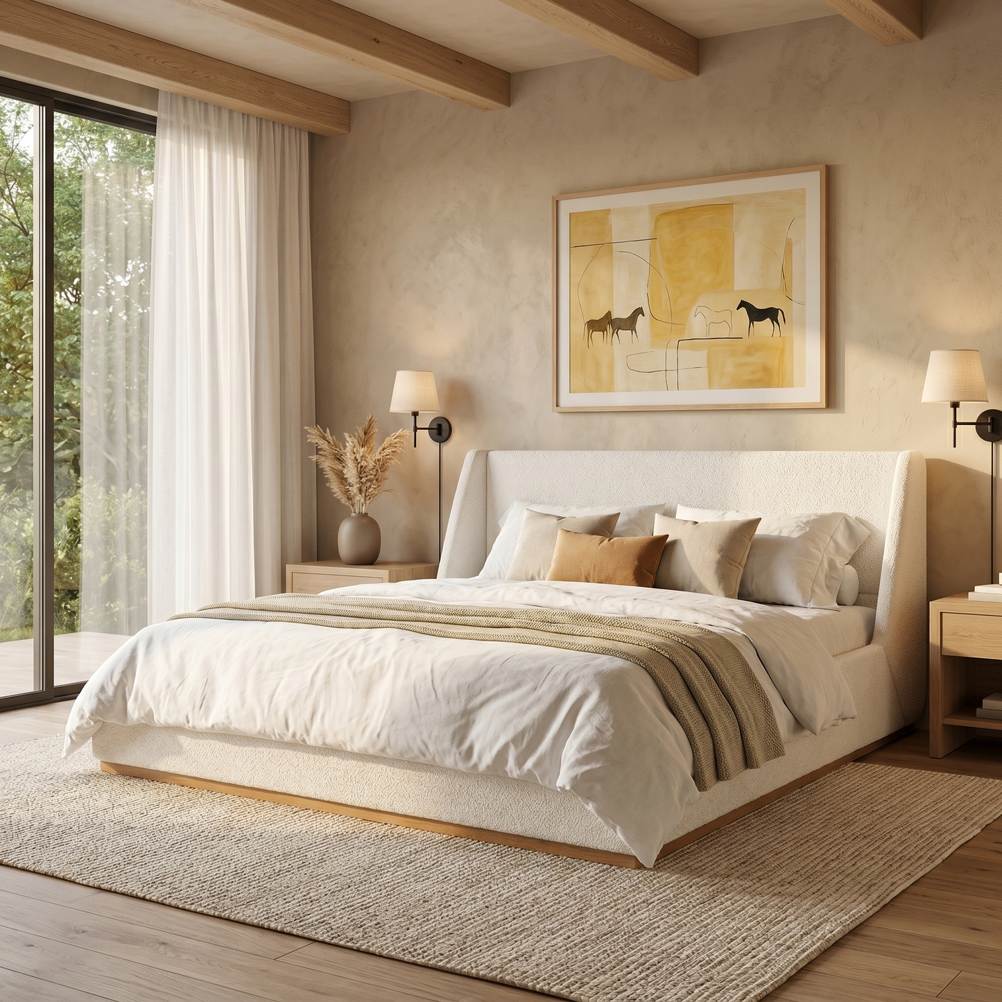 Luxury Upholstered Bed With Wings, White, Queen