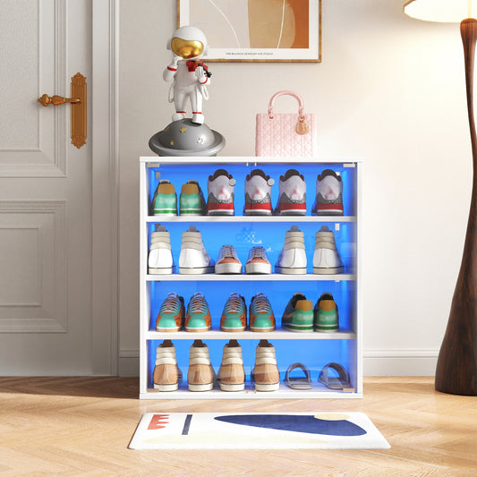 Shoe Box With RGB LED Light, Wooden Stackable Shoe Storage Box With Glass Door, Shoe Storage Bin Shoe Display Case For Sneakers 4 Tier-1