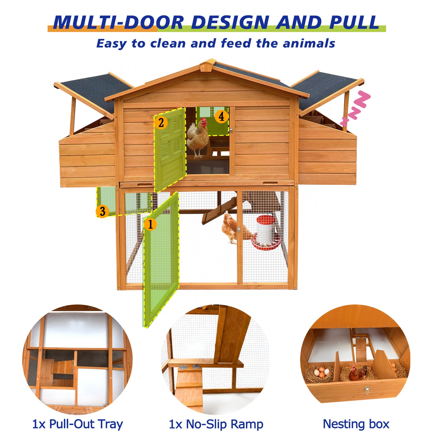 Chicken House For Outdoor With Two Nesting Box  Leakproof Pull- On Tray  And UV- Resistant Roof Panel