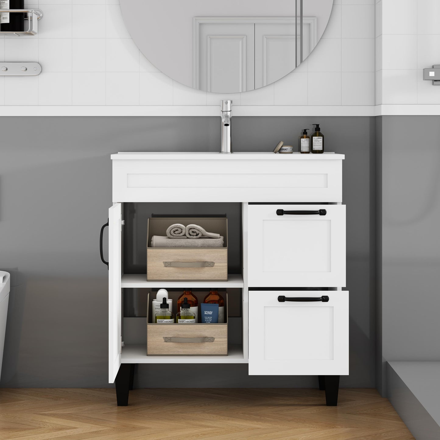 31.5-inch Bathroom Vanity With Sink Combo,Cabinet With 1 Doors And 2 Drawer,Black Metal Handle,Black Feet,Soft Close Hinge,Mordern Bathroom Cabinet,Ceramic Basin,Easy Assemble,White