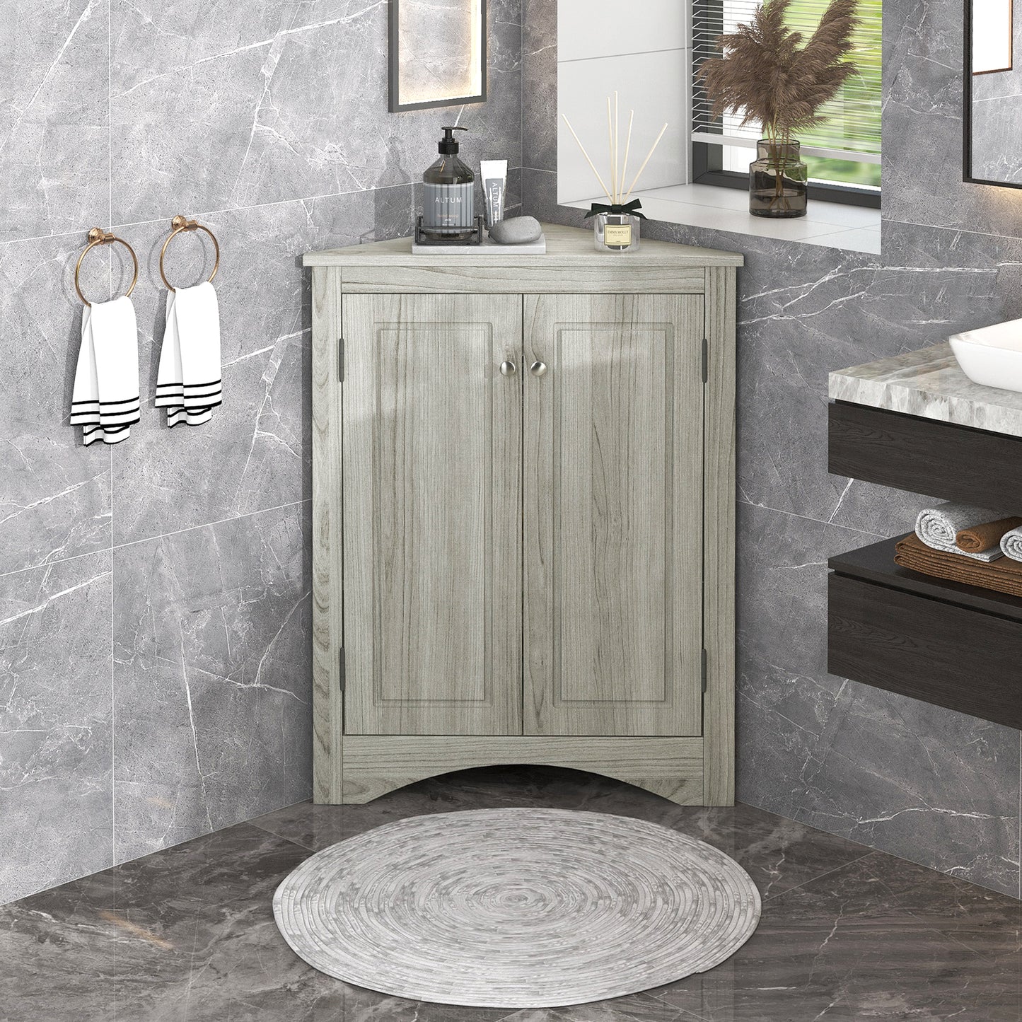 Oak Triangle Bathroom Storage Cabinet With Adjustable Shelves, Freestanding Floor Cabinet For Home Kitchen