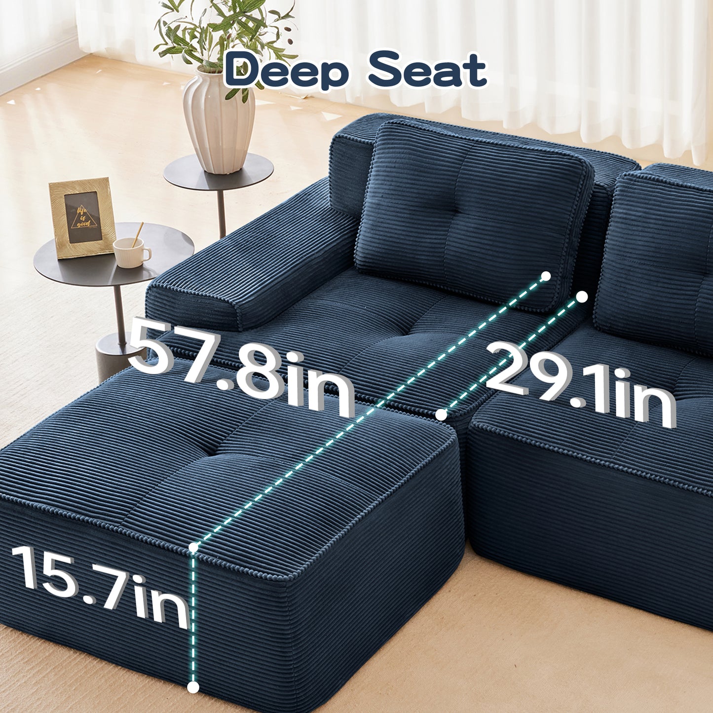 117 Modern L-Shaped Modular Sectional Sofa For Living Room, Corduroy Fabric,3-Seater Couch With Deep Seat And Movable Ottoman,Pearl-like Piping, Tufted Design,No Assembly, Anti-slip Design, Blue