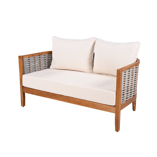 2 Pieces Acacia Wood Patio Furniture Set, Outdoor Unique Tub Design Loveseat With Woven Rope Table, Deep Seating With Soft Cushions For Porch, Garden, Backyard, Balcony, Teak Finish & Beige Cushion