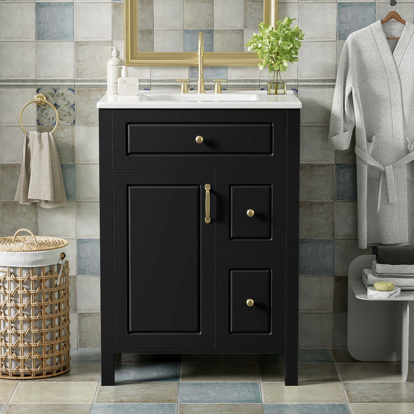 24-Inch Bathroom Vanity With Ceramic Sink, 1 Soft Close Door, 2 Soft Close Drawers, And Double Storage Racks On The Door