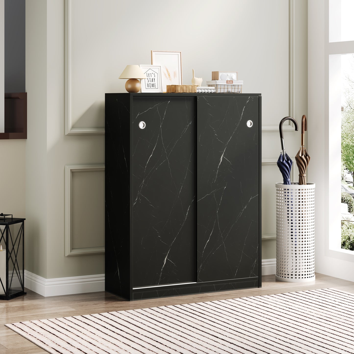 Marble Black  Shoe Cabient With Sliding Door Have 6 Layers Can Storage At Least30 Pairs Shoes