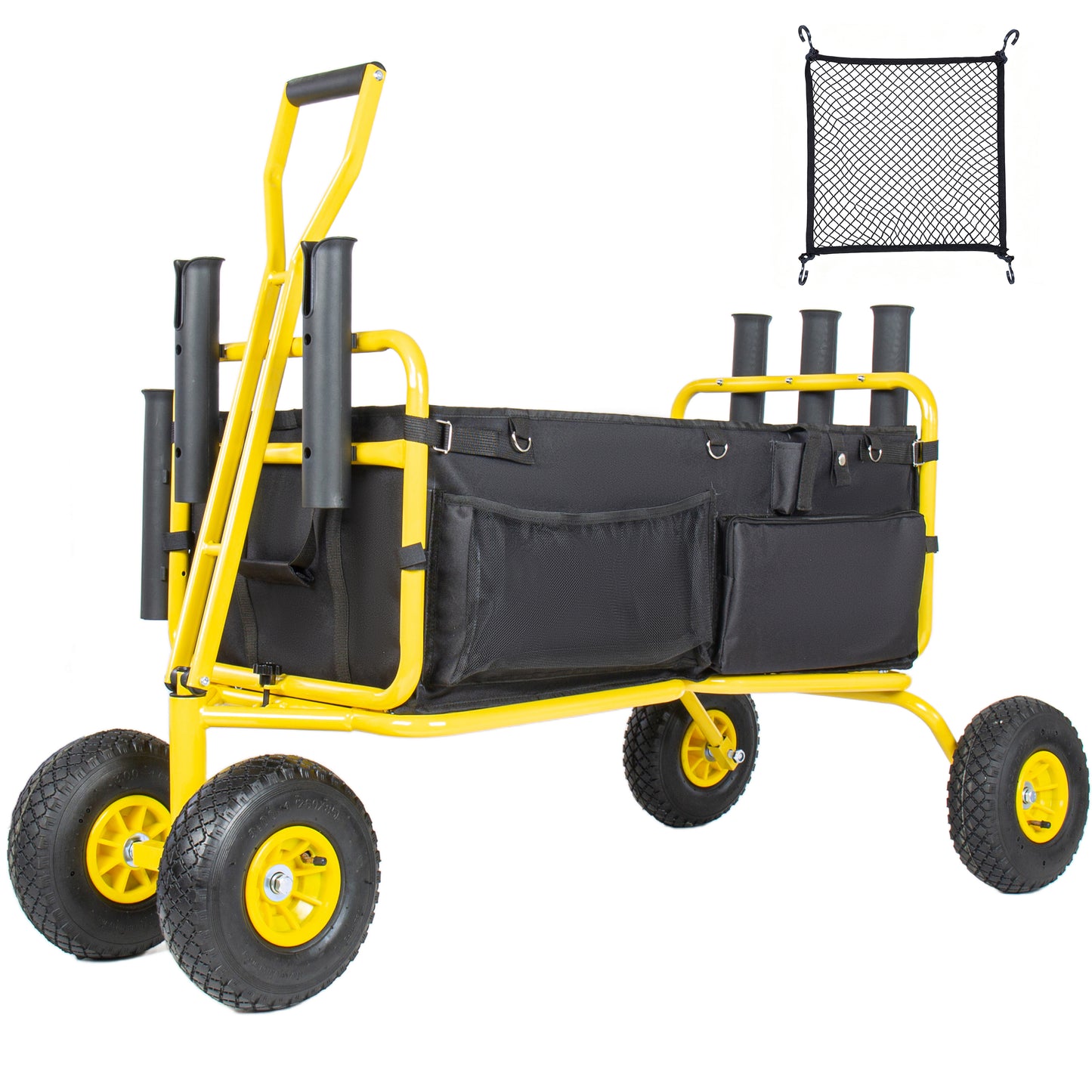 Fishing Cart Beach Cart Collapsible Wagon 9.85  All- Terrain Wheels For Sand  Heavy Duty Garden Cart With Rod Holders Umbrella Holder And Storage Pockets  550lb Large Capacity  Yellow Black