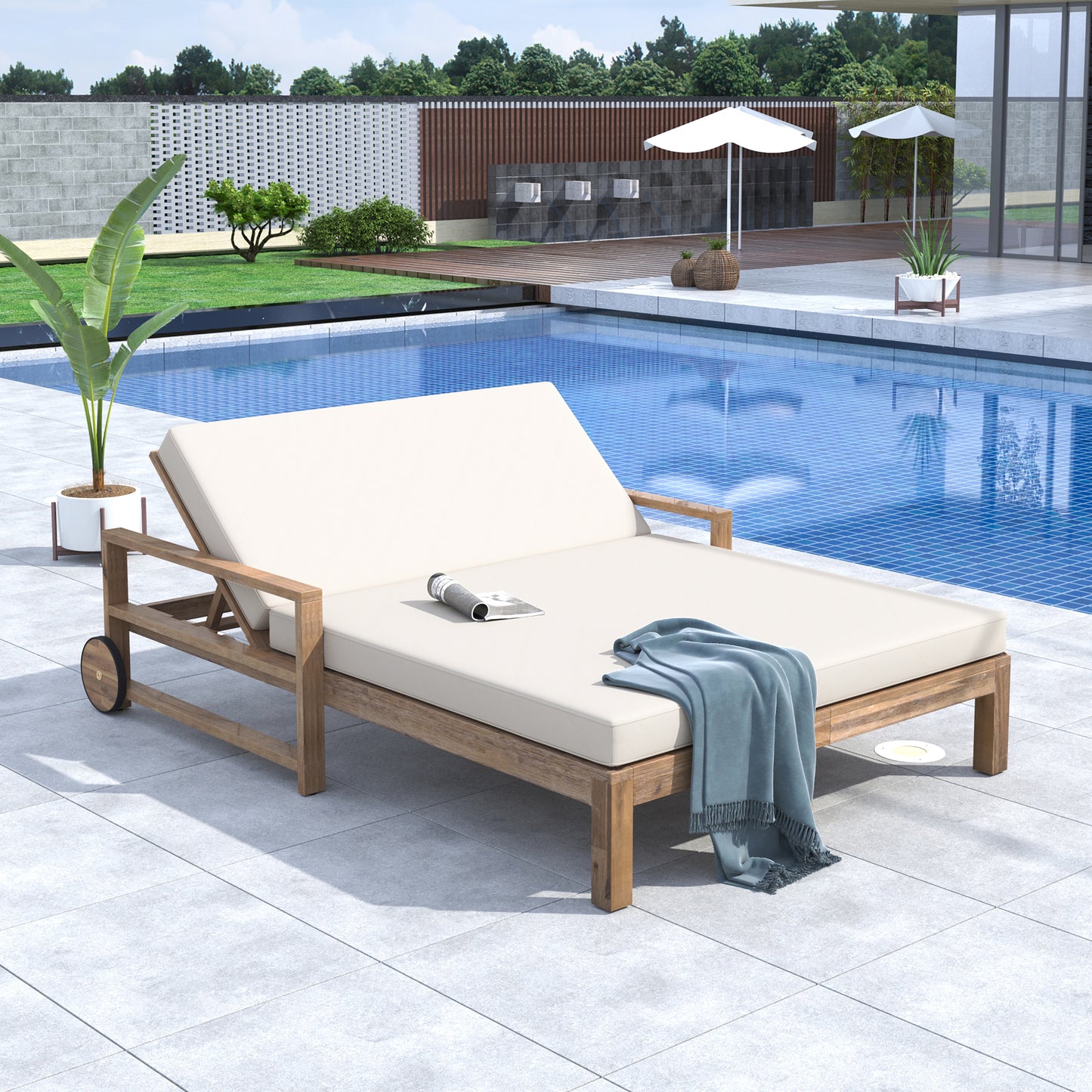 TREXM 1-Piece Farmhouse-styled Wooden Outdoor Sunbed For Ultimate Relaxation Outdoor Daybed Seating 2 People For Poolside  Garden And Backyard  Beige