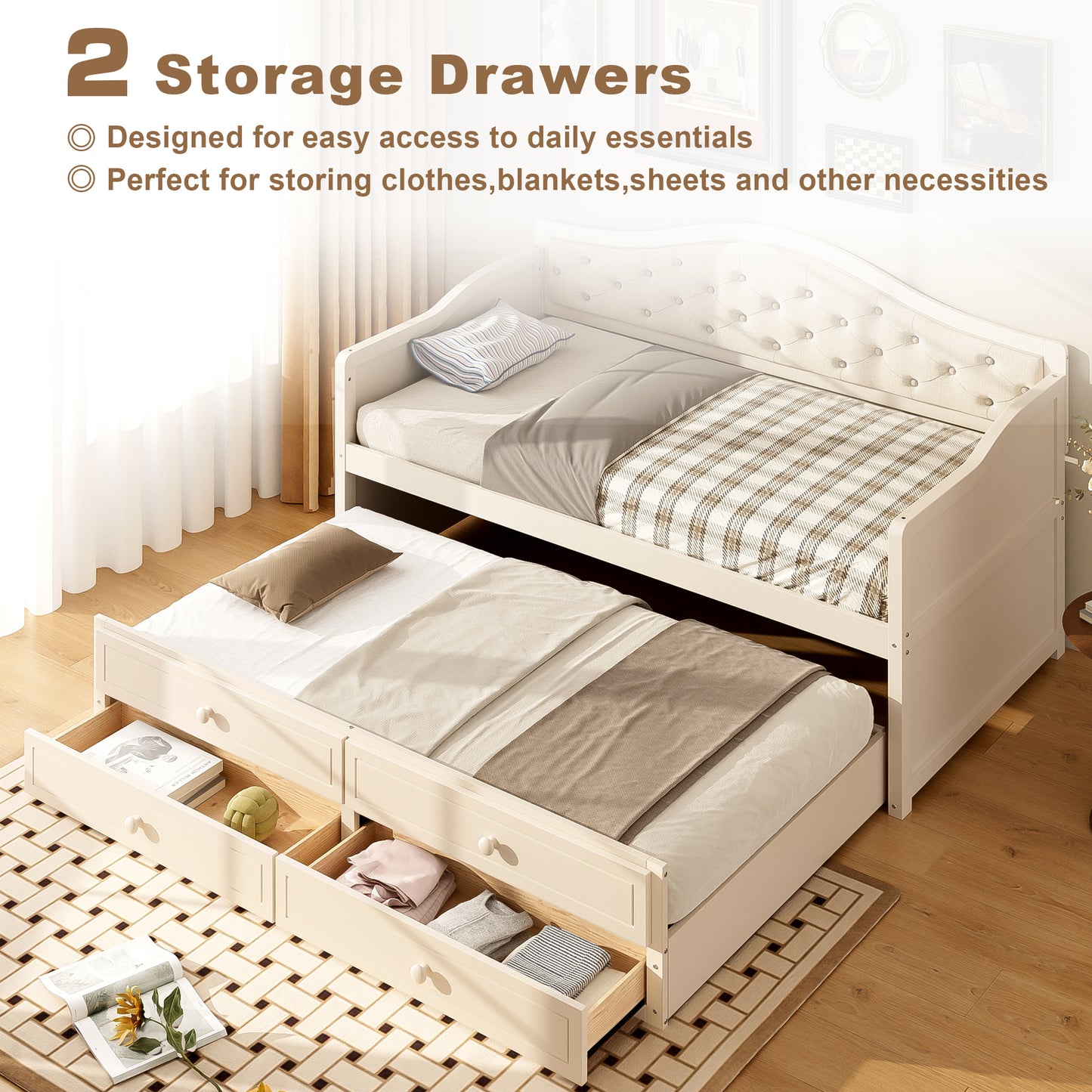 Twin Daybed With Trundle, Twin Size Daybed With 2 Storage Drawers, Wooden Sofa Bed With Upholstered Button Tufted Backrest For Living Room, Bedroom, Guest Room,Beige