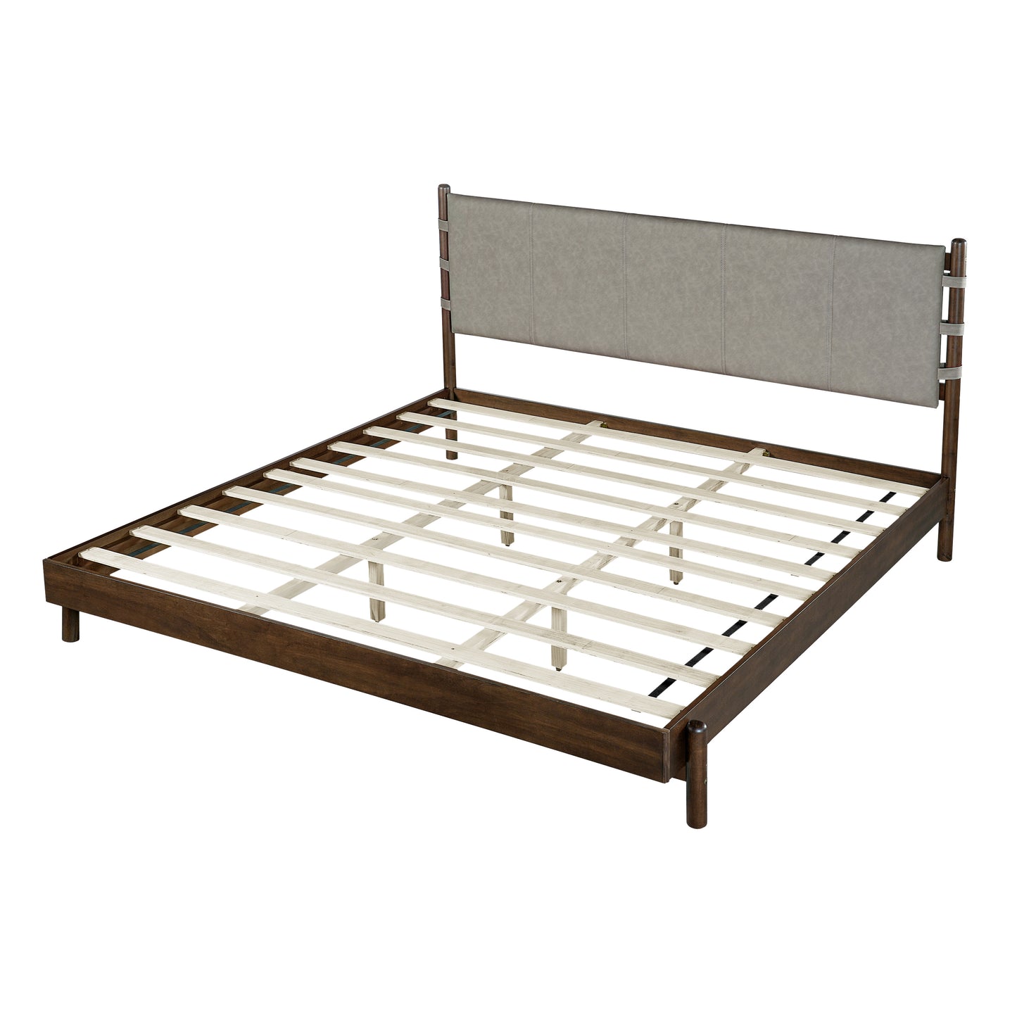 Premium Rubber Wood Platform Bed Frame, King Bed Frame With Headboard Included, Mid Century Modern Bed With Walnut Light Grey Color