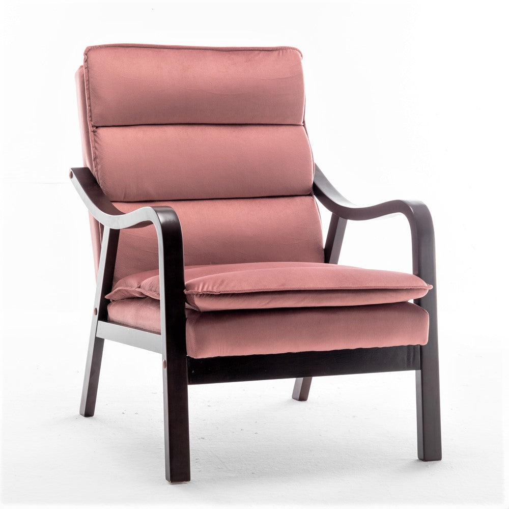 Mid-Century Modern Rose Accent Chair With Wood Armrest, Upholstered Reading Chair For Living Room Bedroom