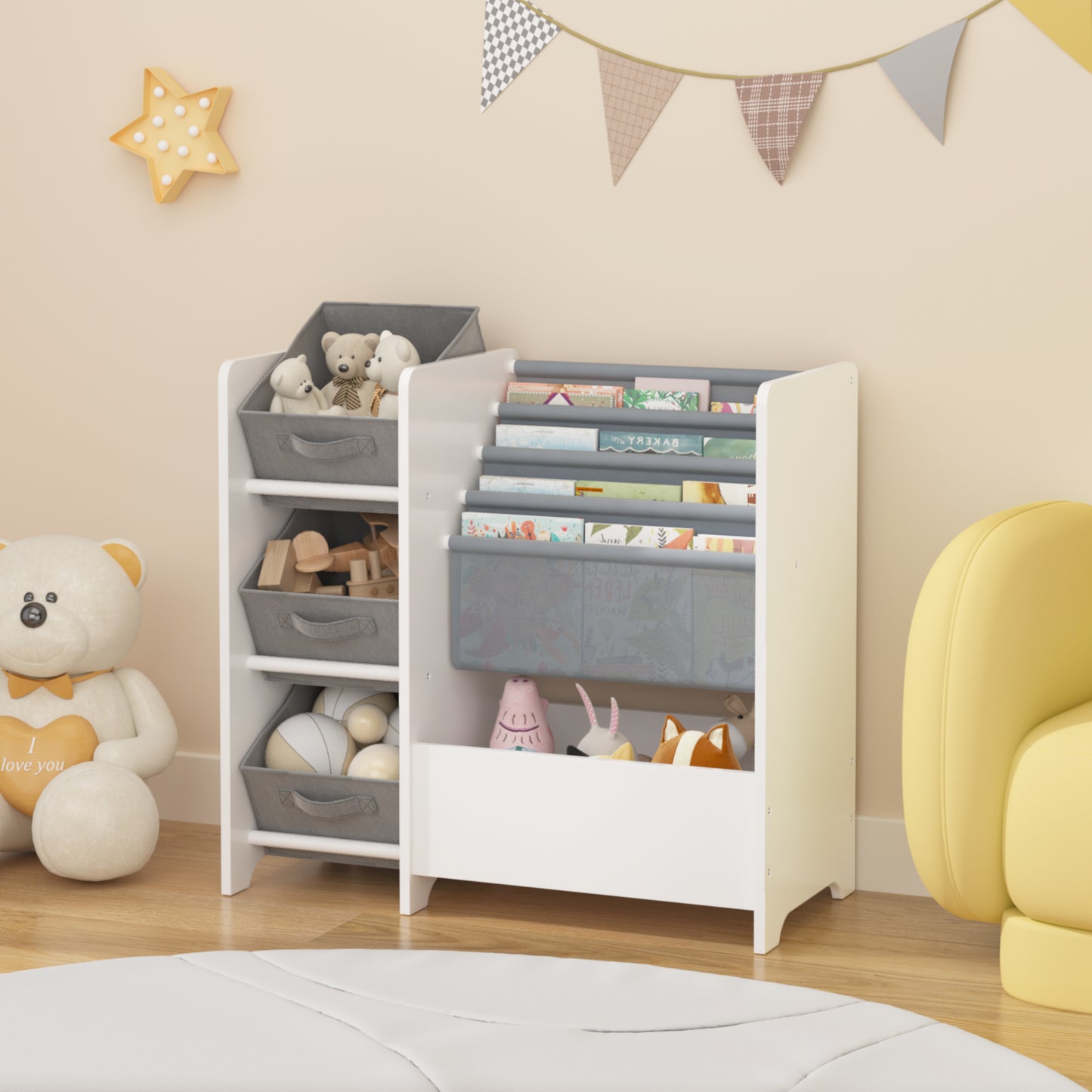 Kids Bookshelf And Toy Storage Organizer, Multifunctional 4 Tier Kids Book Shelf With 3 Collapsible Fabric Drawers, Children's Book Display In Room Playroom Nursery For Kids, Children, Toddlers