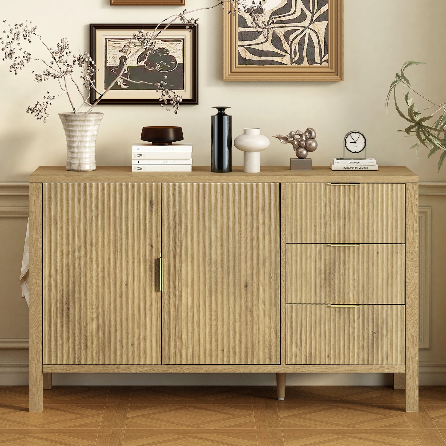 U- Style Modern Wave- Pattern Sideboard With 3 Drawers  Large Storage Buffet Cabinet With Hooks And Extra Center Leg Suitable For Living Room Entryway Hallway.