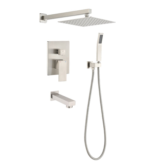 Brushed Nickel Shower System 10 Inch Brass Bathroom Deluxe Rain Mixed Shower Combination Set Wall Mounted Rain Shower Head System Shower Faucet