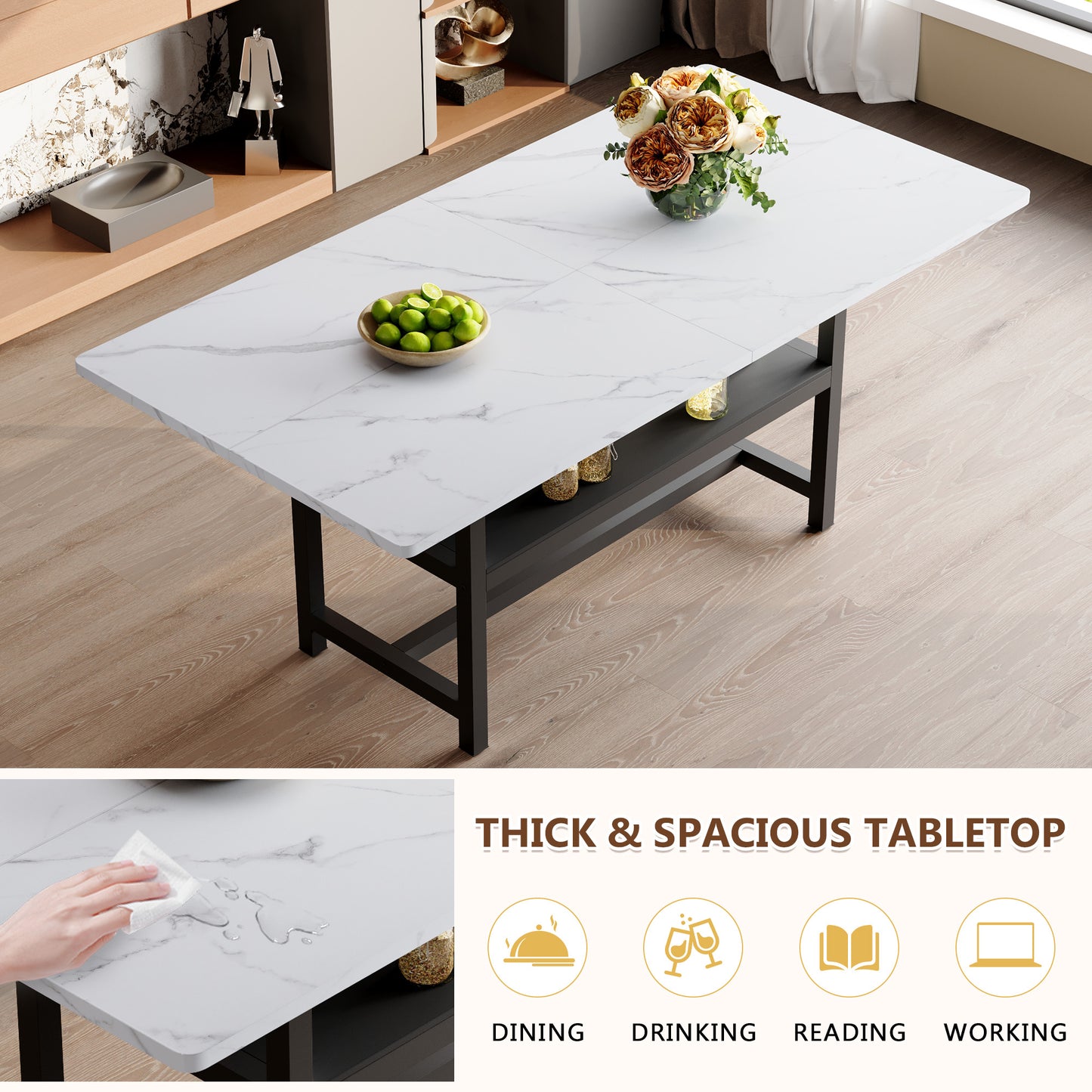 A 71 X35.4 Inch Dining Table With A Tabletop Cleverly Pieced Together By Four White Textured MDF Boards. The Desktop Has A 43.3 X19.7 Storage Platform. Very Suitable For Family Gatherings,etc.