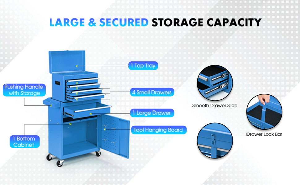 5-Drawer Rolling Tool Chest - 2-in-1 Lockable Tool Box With Wheels, Sliding Drawers & Detachable Top - Garage & Workshop Storage Cabinet, Blue