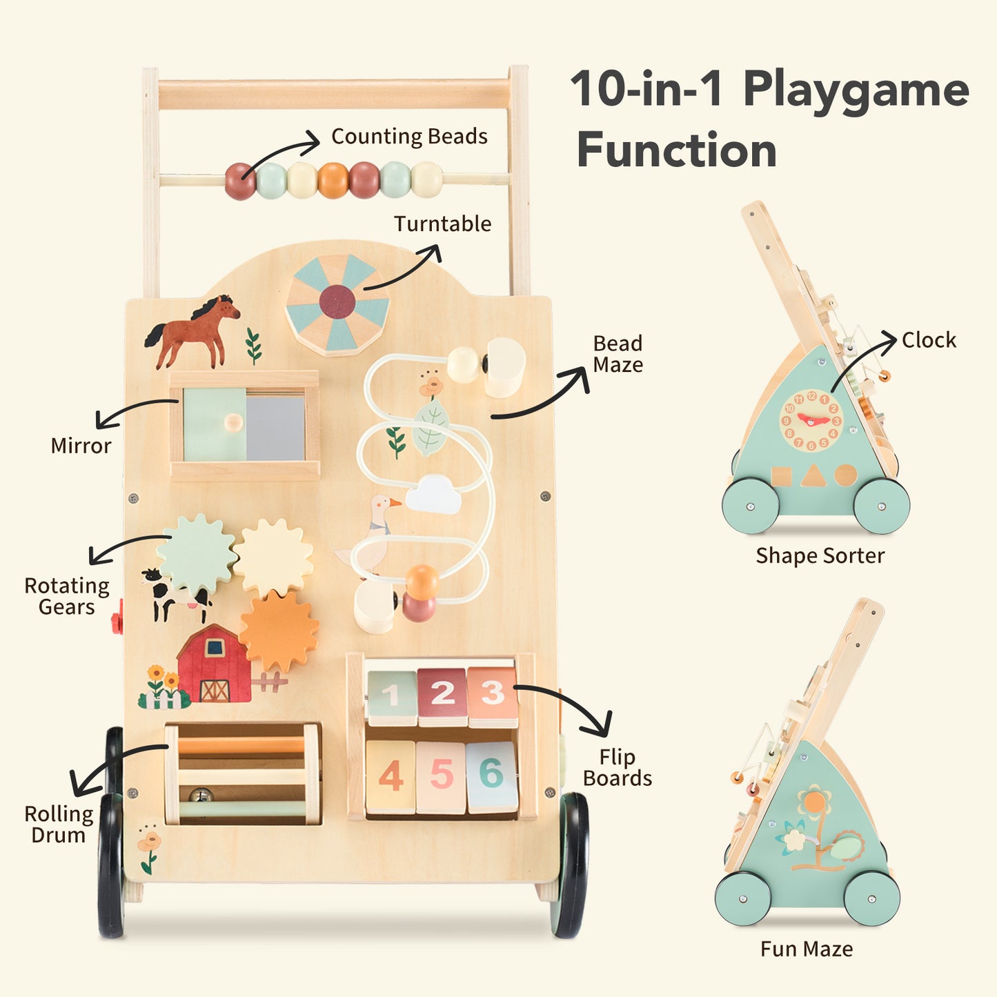 Wooden Baby Walker, Adjustable-speed Push-style Walker, Equipped With Montessori Activity Center, Silent Wheeled Baby Walking Toy