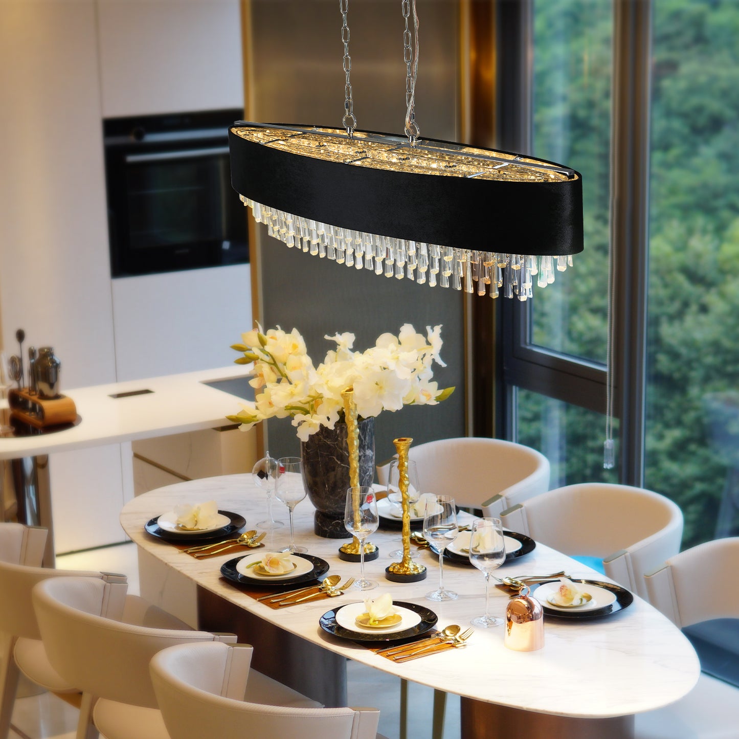 39in Modern Crystal Chandelier With Black Imitation Velvet Anti-Glare Shade, Adjustable Height, 8-Light G9 Base For Dining Room, Living Room, Or Bedroom  Bulb Not Included