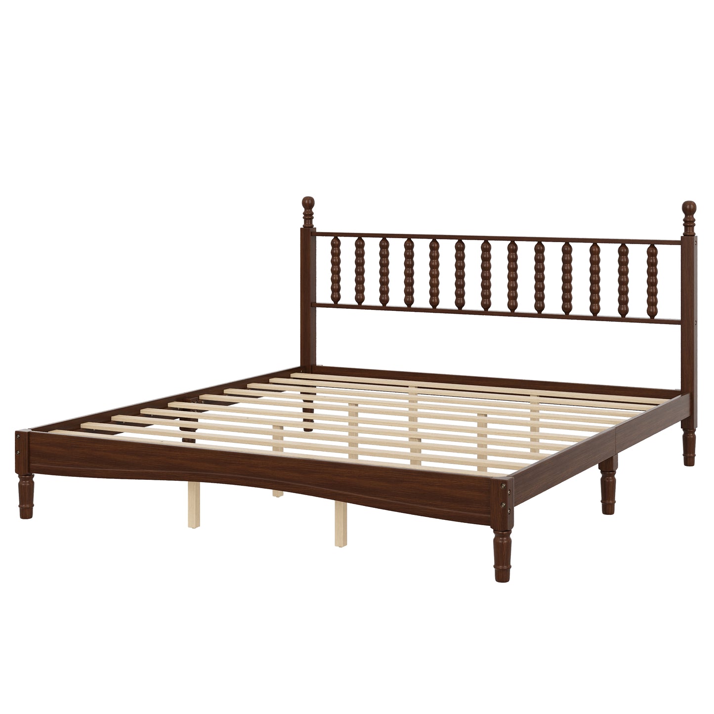 King Size Wood Platform Bed With Gourd Shaped Headboard,Retro Style Platform Bed With Wooden Slat Support,Walnut