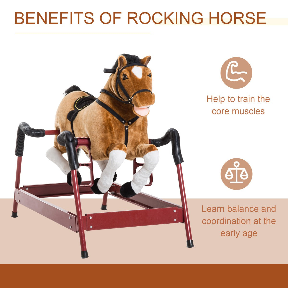 Durable Kids Plush Spring Rocking Horse, Ride On Rocking Horse With Realistic Sounds, Brown