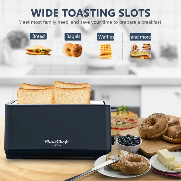 4-Slice Toaster, Extra Wide Long Slot Toaster, 6 Browning Settings, Bagel/Defrost/Reheat Functions, Removable Crumb Tray, Stainless Steel Housing, Matte Black