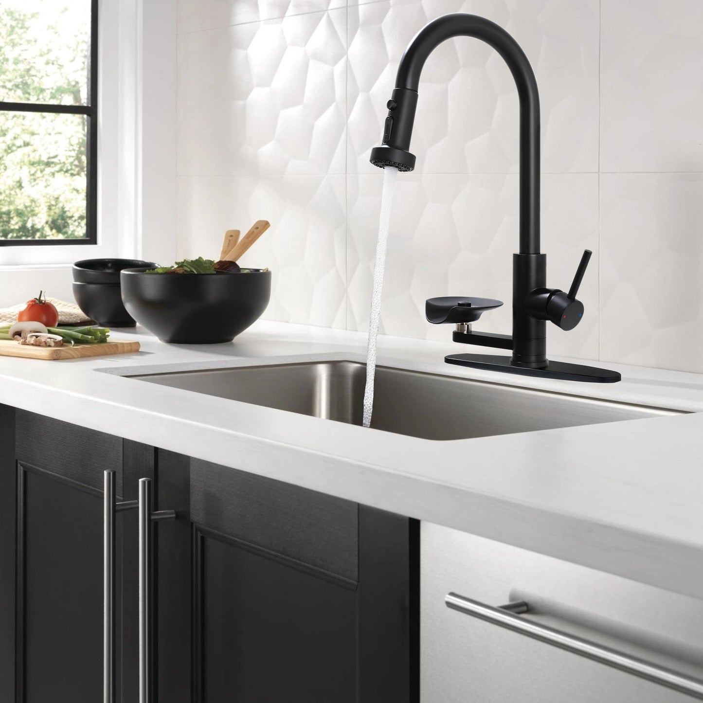 3-in-1 Kitchen Faucet With Press-Type Glass Rinser, High-Arc Pull-Down Sprayer Faucet, 3 Function Spray Mode, Matte Black Finish, For Modern Kitchen Sink