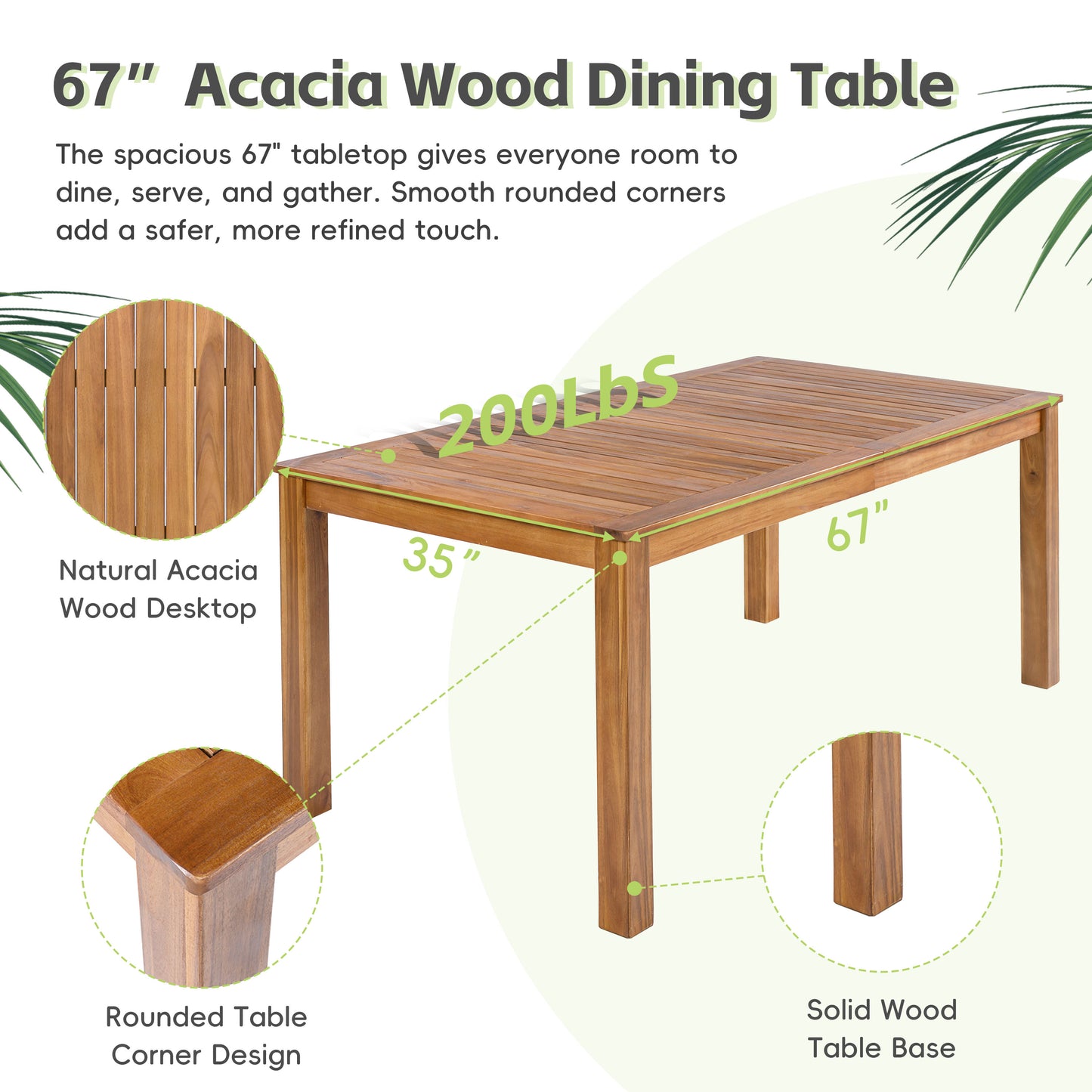 TOPMAX Patio Wooden Dining Table, Outdoor 67 L Rectangular Table For Poolside, Backyard, Garden, Indoor Outdoor, Natural