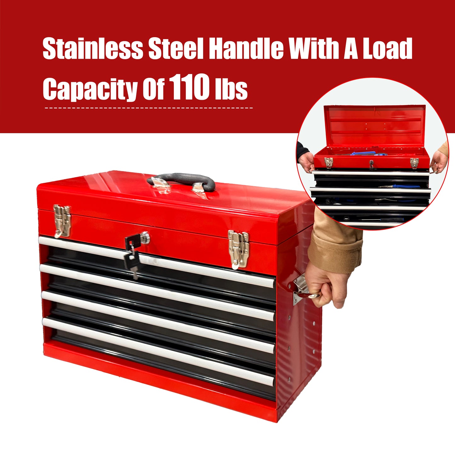 Heavy Duty Metal Tool Box, 21-inch, Portable Metal Tool Box With 4 Drawers, Small Tool Chest With EVA Liners, Ball Bearing Slide Drawers Locking & Powder Coated Finish, Multi-Function Tool Organizer