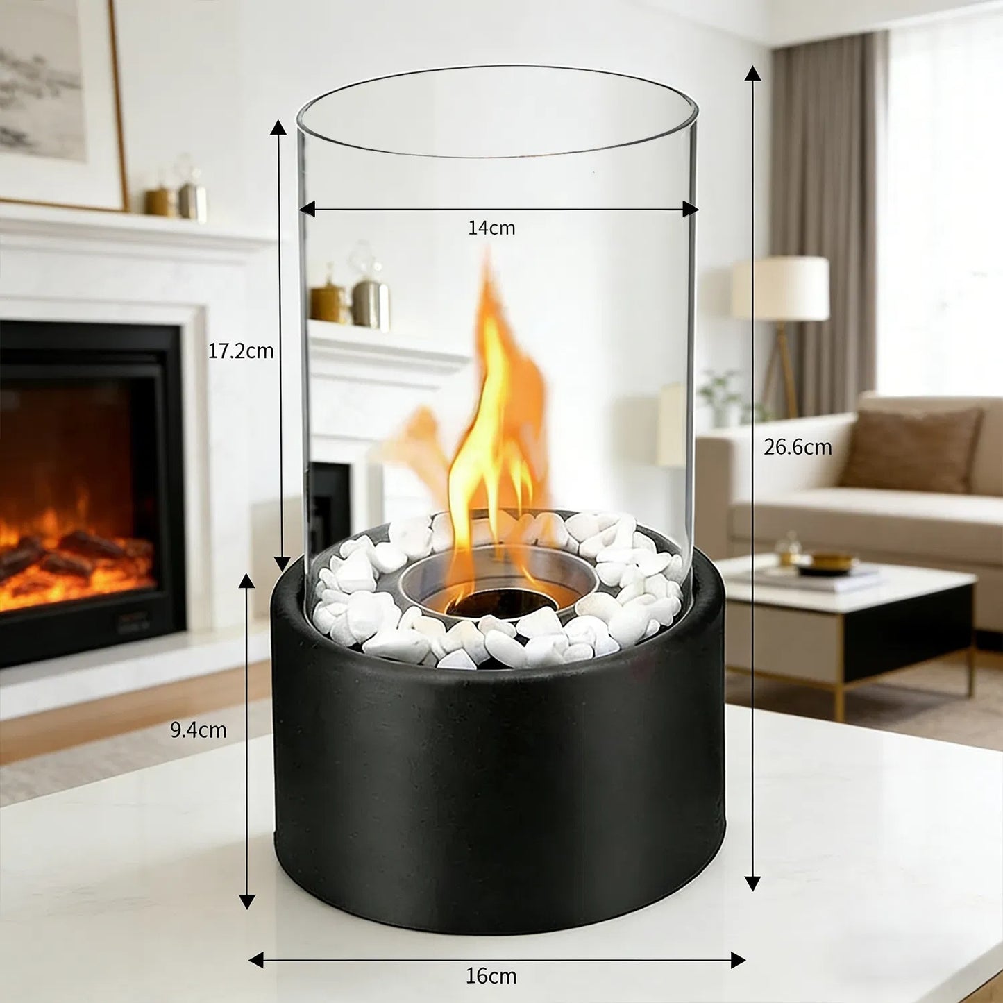 Round Glass Large Tabletop Fireplace 11inch H Portable Fire Bowl Pot Clean Burning Fireplace For Indoor Outdoor Patio Parties Events