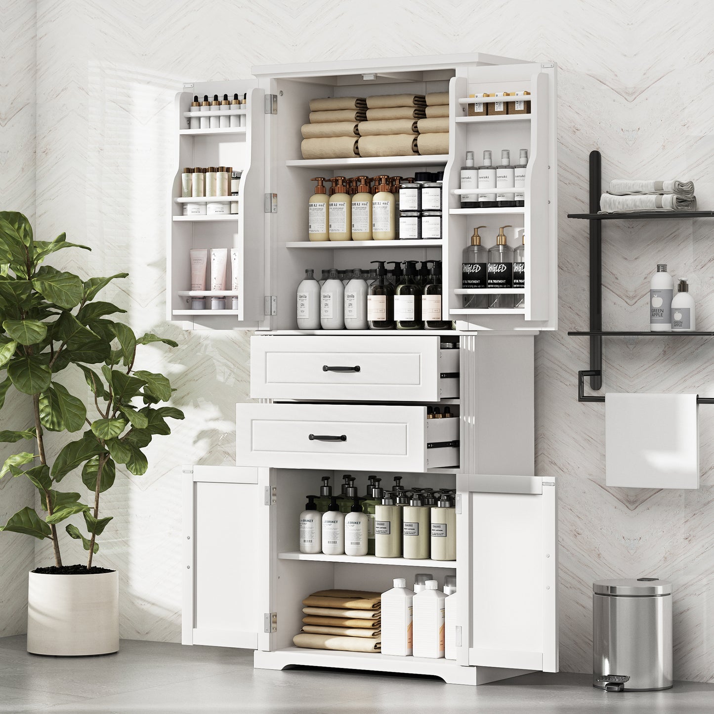 Video Storage Cabinet With Multi-Functional Storage Space, Doors With Storage Shelves, 2 Drawers, Adjustable Shelf, White  Same Sku N759P293426K
