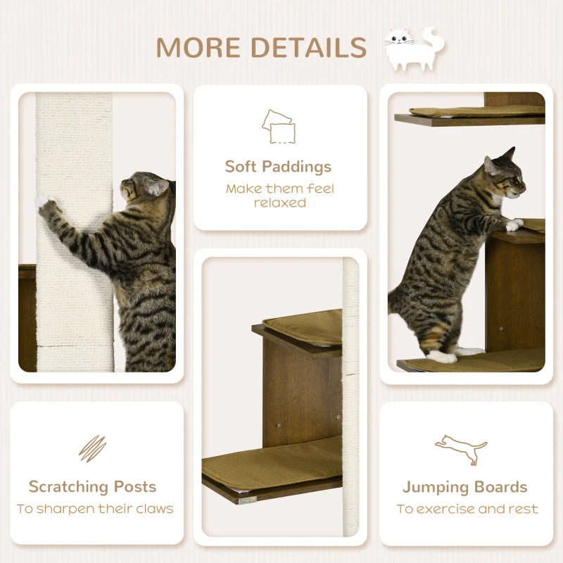 PawHut Wall-Mounted Cat Tree, 4-Layer Cat Wall Shelves Furniture With Scratching Board, Kitten Activity Center With Cushions, Natural