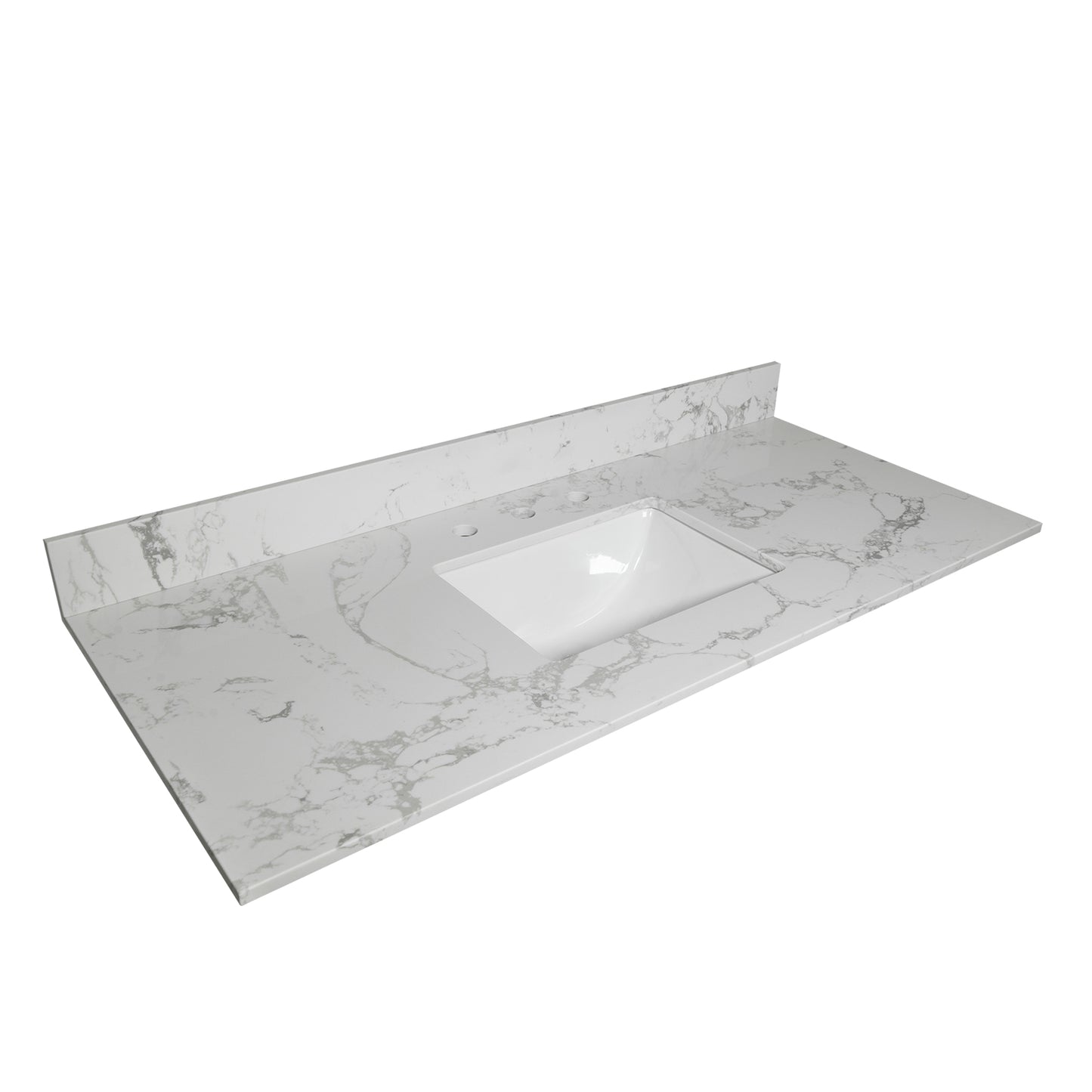 Montary 43x22 Bathroom Stone Vanity Top  Engineered Stone Carrara White Marble Color With Rectangle Undermount Ceramic Sink And  3 Faucet Hole With Back Splash .