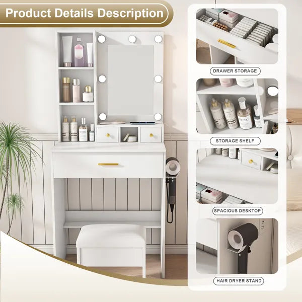 Vanity Table With Mirror & Adjustable LED Lights, Power Outlet, Hairdryer Holder & Stool – Compact Dressing Desk For Small Bedrooms(White)