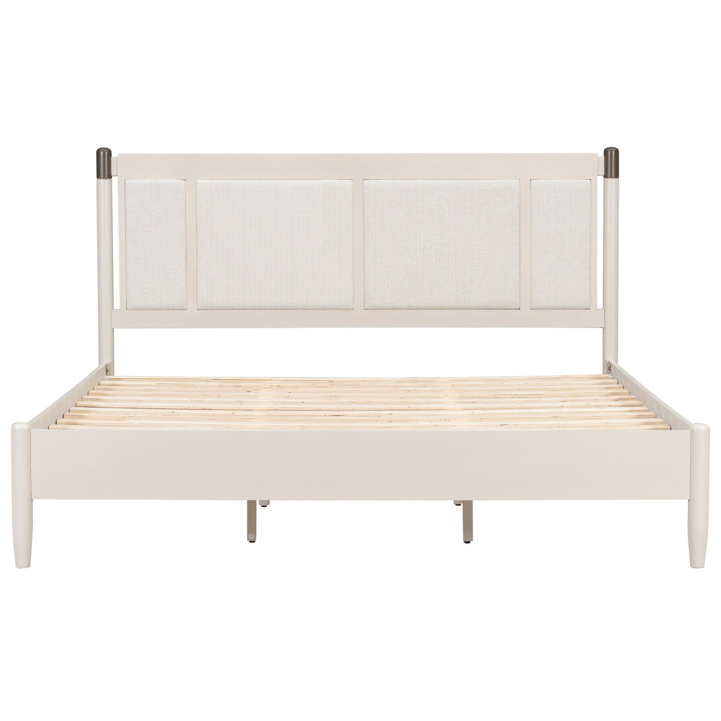 Solid Wood King Bed, Heavy Duty 600 Lbs Support, No Box Spring Needed, Grey Upholstered Headboard With Metal Handles