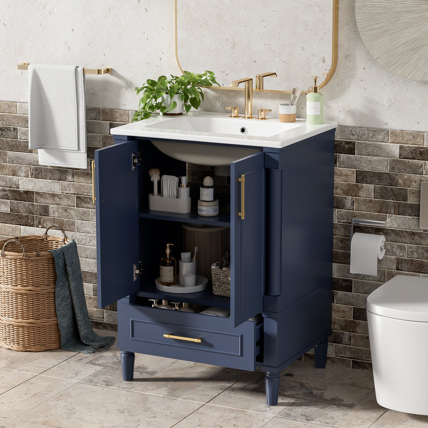 24   Modern Bathroom Vanity With Ornate Motif Design & Soft-Close Hinges,  Bathroom Cabinet With Drawer And Back Open Structure, Ornately Carved French Cylinder Legs