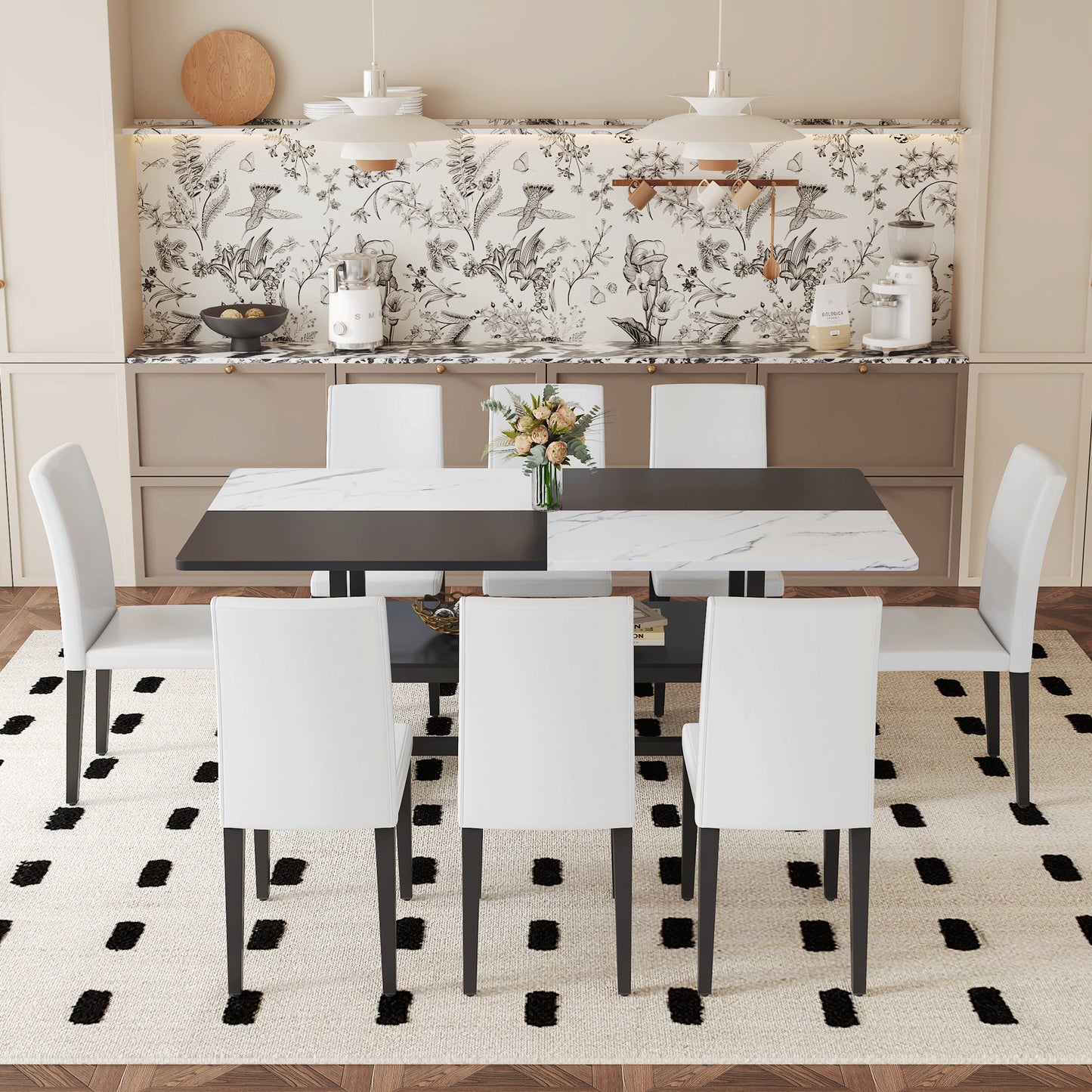 Table And Chair Set.71x35.4 Inch White And Black Spliced Dining Table With Storage Function In The Middle Of The Table Legs.Paired With 8 White PU Dining Chairs, Simple And Versatile.