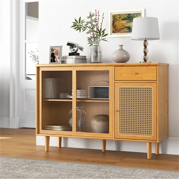 Natural Bamboo Sideboard Cabinet With Rattan Door, Sliding Door & Pull-Out Drawer, 5-Leg Rubber Wood Base