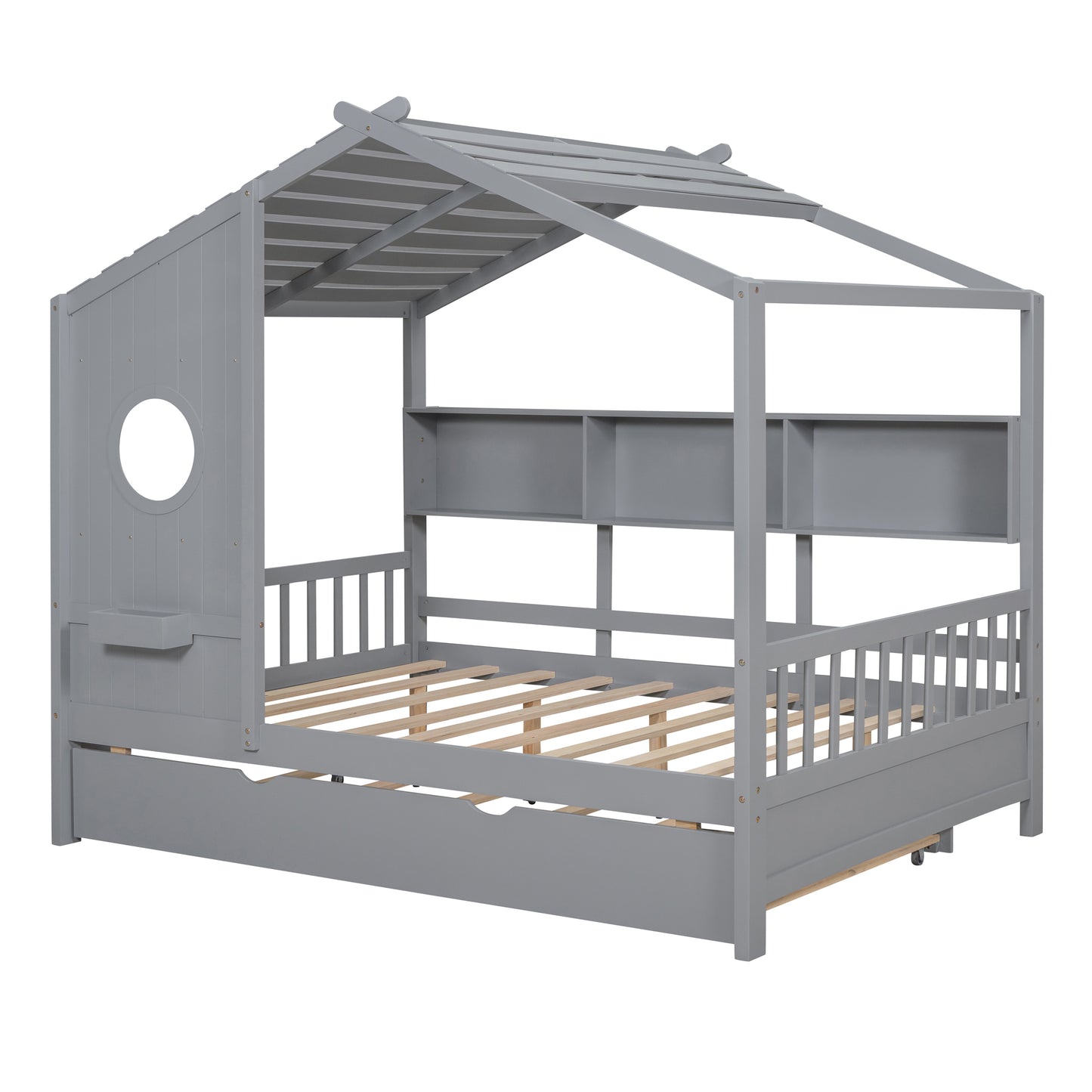 Wooden Full Size House Bed With Trundle, Modern Design For Kids With Storage Shlef, Gray Old SKU HL000095AAE
