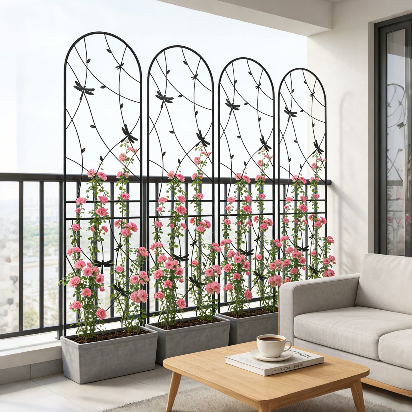 4 Pack Metal Garden Trellis 86.7  X 19.7  Rustproof Trellis For Climbing Plants Outdoor Flower Support Dragonfly Deco Black