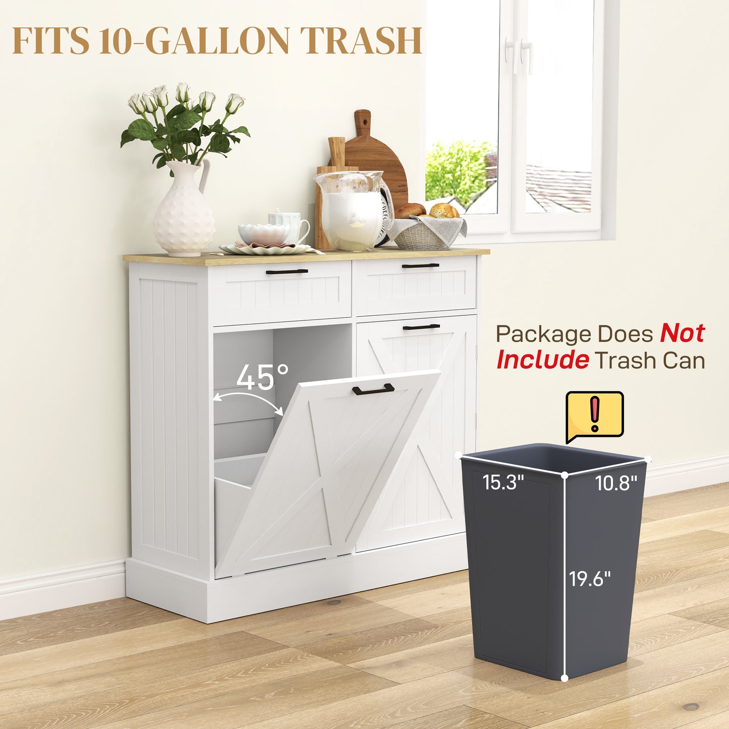 10 Gallon Farmhouse Kitchen Cabinet With Hidden Trash Can And 2 Drawers, Tilt Out Trash Can Cabinet For Kitchen, White