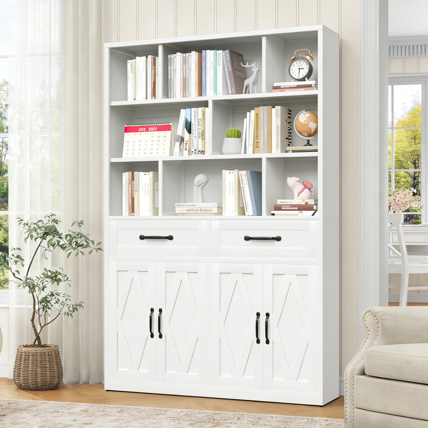 71  H Metal Bookcase With 2 Doors & 2 Drawers, Tall Storage Cabinet With Fixed Open Shelves For Home Office, Living Room, Modern Bookshelf, White