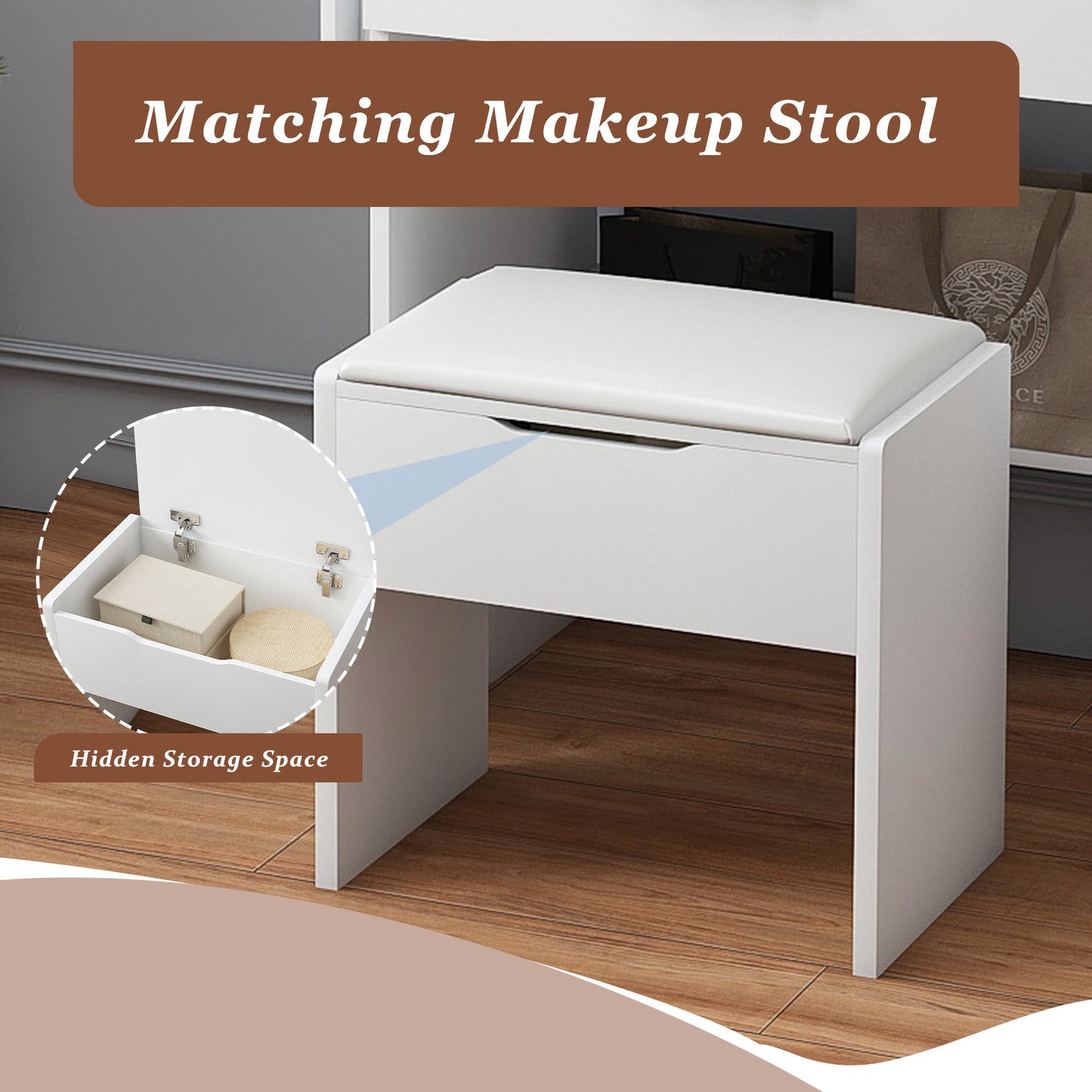 Vanity Desk With LED Mirror Lights And Power Outlet Charging Station, Makeup Dressing Table With 3 Drawers, 7 Shelves And Storage Stool, For Girls And Women White