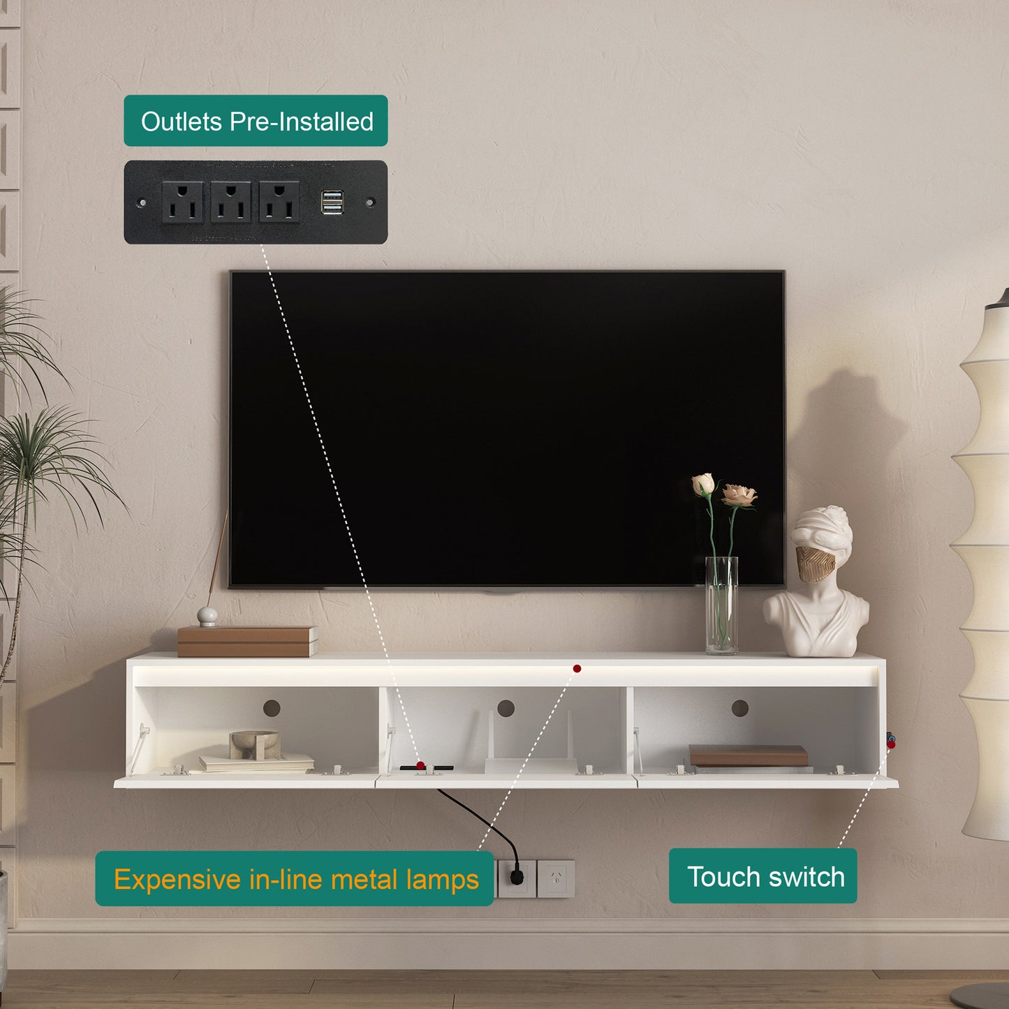 High-gloss Suspended TV Cabinet. Wall Mounted TV Shelf With Led Lights & Power Outlet,H Cabinet For  White Tv Stands For Living Room