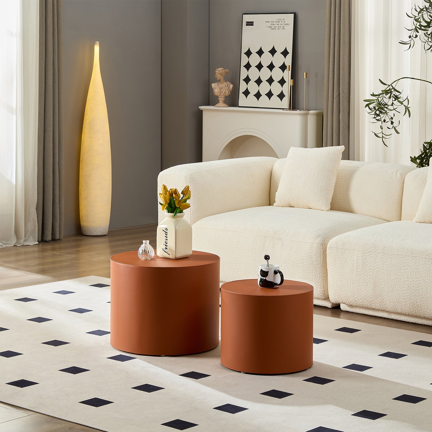 Modern Orange MDF Saddle Leather Table -Compact Sizes, Great For Living Room Decor & Daily Use