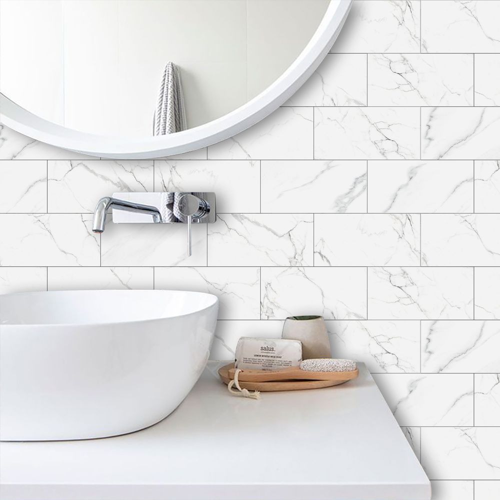 White Marble Look Wall Sticker Peel And Paste Splash-proof PVC Composite Wall Tile Kitchen Bathroom